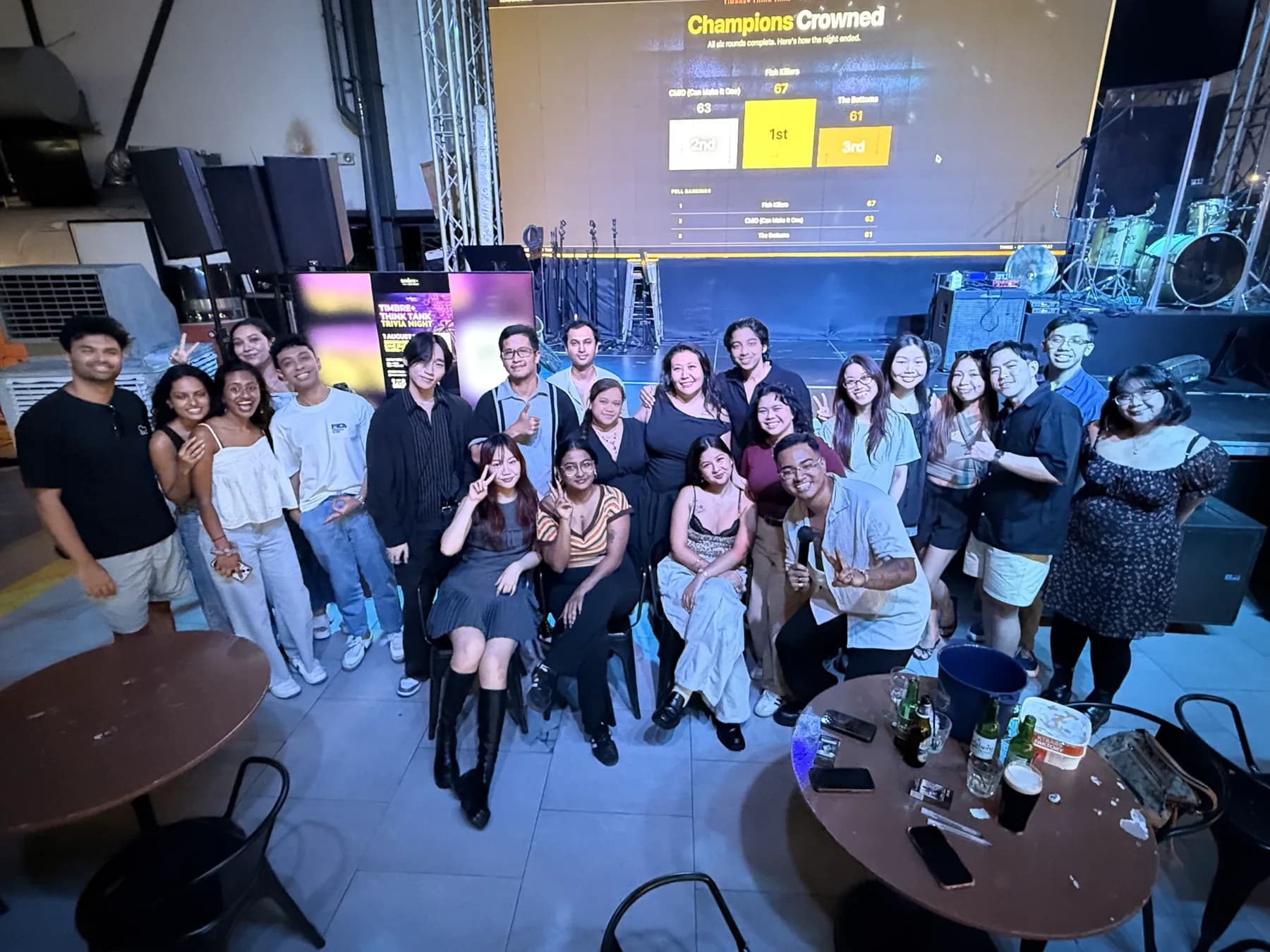 Guests and host gathered after a trivia night